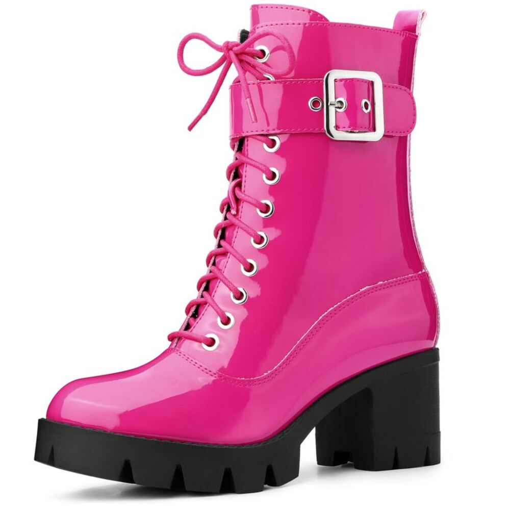 Zip Platform Chunky Heel Combat Boots Fuchsia
